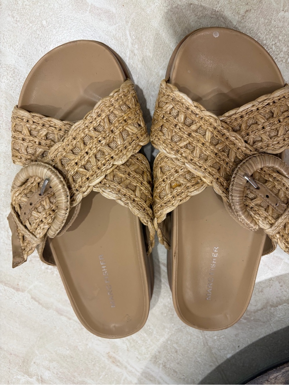 Marc Fisher Braided Buckle Slide Sandals in Natural Tan